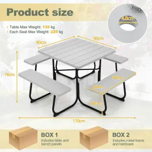 Costway 8 person Square Picnic Table Bench Set Outdoor Circular Table W/ 4 Benches & Umbrella Hole, Grey