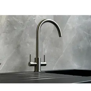 Liquida AD395BS Swan Neck Twin Lever Kitchen Mixer Tap In Brushed Steel