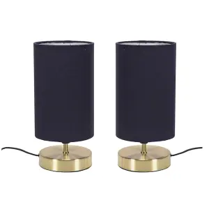 ValueLights Francis Pair - Brushed Gold Cylinder Touch Dimmer Table Lamp with Navy Blue Fabric Shade Bedside Light Bedside Light