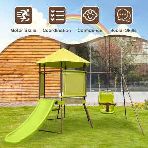 Costway Outdoor Kids Swing Slide Set Metal Backyard Swing Set W/ Covered Playhouse Fort