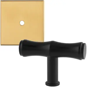 Cabinet Door Knob & Contrasting Backplate Set - Bamboo T Bar Pull - Matt Black & Satin Brass