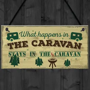 Red Ocean What Happens In The Caravan Campervan Novelty Shabby Chic Camping Holiday Door Sign Plaque