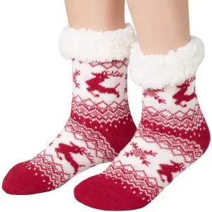 Fluffy socks with reindeer red/white - red/white