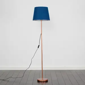 ValueLights Modern Standard Floor Lamp In Copper Metal Finish With Navy Blue Tapered Shade - With LED GLS Bulb in Warm White