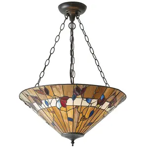 Large Tiffany Glass Pendant Ceiling Light - Dark Bronze Finish - 3 x 60W E27 GLS Needed