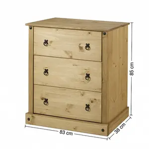 Mercers Furniture Corona 3 Drawer Budget Chest of Drawers Solid Pine with Mexican Styling