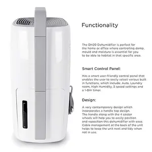 Duronic DH20 Dehumidifier, Prevents Mould, Damp and Condensation, Collects 20L per Day, 4L Tank Capacity, Timer, 320W (white)