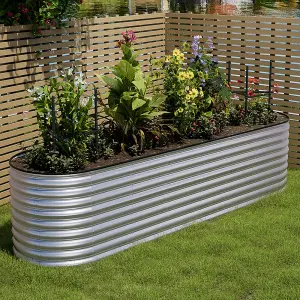 320cm W x 80cm D Silver Raised Garden Bed Oval Shaped Galvanized Metal Planter Box for Gardening