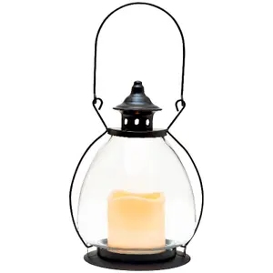 Metal & Glass Shepherds Lantern with LED Faux Candle - Freestanding or Hanging Decoration - H28cm x 15cm Diameter