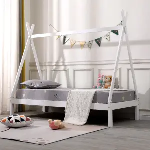 Harry Kids Childrens Wooden Teepee Tent Single Bed Frame (White)