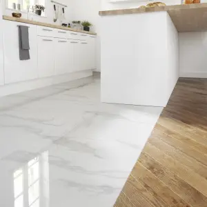 Ultimate White Gloss Marble effect Porcelain Indoor Floor Tile, Pack of 3, (L)595mm (W)595mm