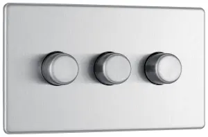 GoodHome Brushed Steel profile Triple 2 way 400W Screwless Dimmer switch