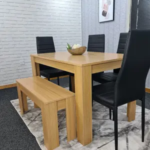 Kitchen Dining Table With 4 Chairs 1 Bench Dining Table Room Set 6 Wooden OAK Effect Table 4 Black Chairs 1 OAK Bench Kosy Koala