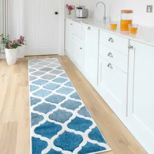 Navy Blue Grey Modern Trellis Living Area Runner Rug 60x240cm