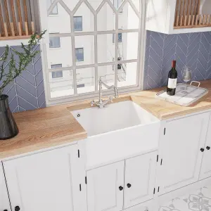 595mm - Fireclay Butler Kitchen Sink - Tap Ledge,  Overflow, Classic Tap & Waste