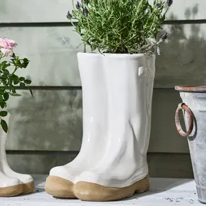 White Wellington Boots Large Ceramic Indoor Outdoor Flower Pot Garden Planter Pot