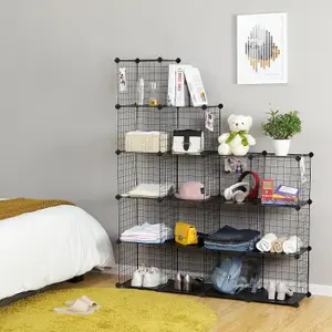 SONGMICS 16 Cube Metal Wire Storage Organiser, DIY Closet Cabinet and Modular Shelving Grids, Wire Mesh Shelves and Rack, Black