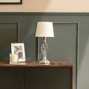 ValueLights Memphis Pair of Silver Chrome Twist Table Lamps with a Fabric Lampshade Bedroom Bedside Light - Bulbs Included