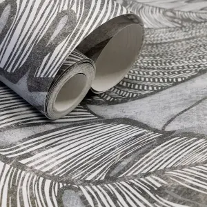 Galerie Julie Feels Home Silver Large Shimmery Monstera Leaf Wallpaper Roll