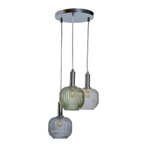 ValueLights Stratton Retro 3 Way Polished Chrome Ceiling Light Fitting with Hanging Coloured Glass Shades