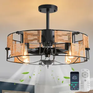 49cm Black Farmhouse Caged Chandelier Ceiling Fan with Light Kit and Remote