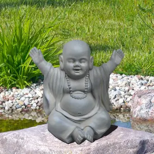 Buddha Statue Indoor and Outdoor, Moss Washed Stone Effect Feng Shui Ornament, Laughing Buddha Baby Monk Figurine L35.5 W25.5 H31.5 cm