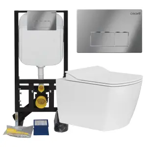 Rimless Square Wall Hung Toilet Pan & Concealed Cistern Chrome Square Button Flush Plate