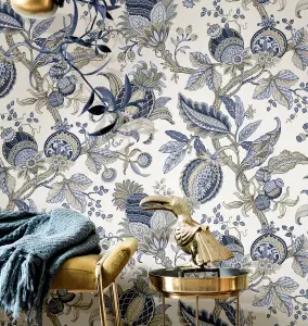 Galerie Cottage Chic Blue Botantical Floral Leaves EcoDeco Material Wallpaper Roll