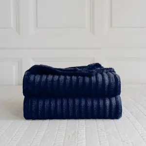 Chunky Ribbed Cord Faux Fur Velvet Touch Sofa Bed Throwover Soft touch Blanket Navy (150 x 200CM)