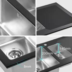 JASSFERRY Black Glass Top Kitchen Sink Stainless Steel One Half Bowl Right Hand Drainer, 1000 X 500 mm