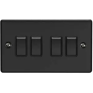 4 Gang Quad Light Switch MATT BLACK 2 Way 10A Black Trim & Metal Rocker