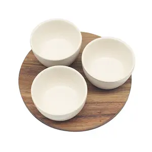 Snack Dish w/ Wood Tray 3pcs Serving Board Party Sauce Chips Dips Platter Bowls