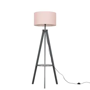 ValueLights Morrigan Grey Wood Tripod Design Floor Lamp with Storage Shelf and Pink Drum Shade