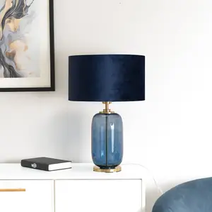 ValueLights Leigh Navy Blue Glass and Gold Detail Table Lamp with Velvet Drum Shade Light - LED Bulb Included