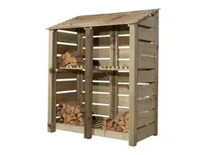 Slatted wooden log store with kindling shelf W-146cm, H-180cm, D-88cm - natural (light green) finish