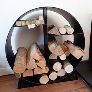 Steel Round Log Store & Shelves Metal Log Holder Log Storage in Black