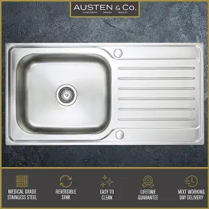 Austen & Co. Florenzo Large Stainless Steel Inset Reversible Single Bowl Kitchen Sink With Drainer, Lifetime Guarantee