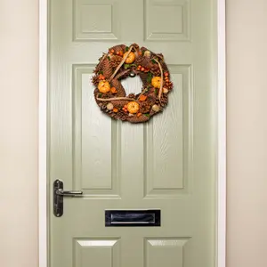 36cm Hanging Artificial Harvest Home Autumn Wreath with Pinecones and Pumpkins