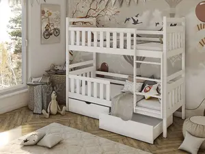 Modern Wooden Bunk Bed Monika with Storage in White with Bonnell Mattresses