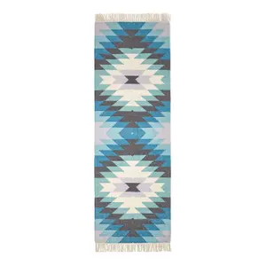 Homescapes Helsinki Handwoven Geometric Pattern Blue Grey and Cream Kilim Wool Rug, 66 x 200 cm