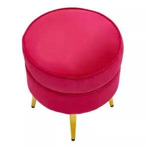 Interiors by Premier Elegant Round Bright Pink Velvet Gold Leg Footstool, Plush Foam Padded Gold Finished Footrest For Bedrooms