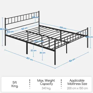 Minimalist Metal Bed Frame with Slatted Headboard Black / Kingsize (5')