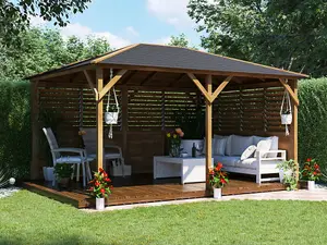 Dunster House Wooden Gazebo Louvre Wall 4m x 3m Garden Shelter Roof Shingles Utopia