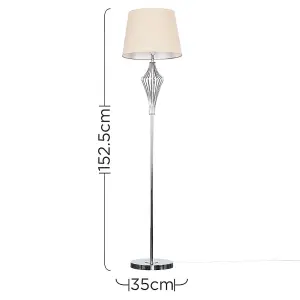 ValueLights Jaspa Chrome Metal Wire Geometric Diamond Design Floor Lamp with Beige Tapered Shade with 6w LED GLS Bulb