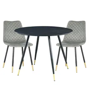 Hallowood Furniture Finley Round Dining Table (TAB101) in Black Finish with 2 Chairs (CHA201-SGY)