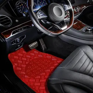 4pc Red Heavy Duty Alloy Checker Chrome Plate Mat Aluminium Effect Car Mats Set Van