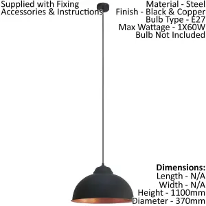 Hanging Ceiling Pendant Light Black & Copper Dome Bowl Shade 1 x 60W E27 Bulb