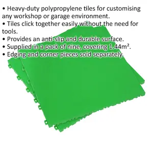 9 Pack Heavy Duty Green Treadplate Floor Tiles - Durable Polypropylene for Workshops and Garages