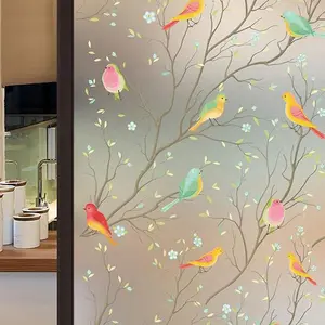 Static Cling Privacy Film - Easy to Apply Colourful Roosting Bird Design Frosted Glass Window Film - Measures W50 x L200cm