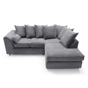 Jumbo Grey Cord Right Facing Corner Sofa for Living Room with Thick Luxury Deep Filled Cushioning